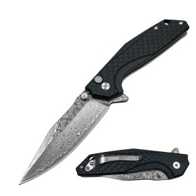 Day Zero Survival Premium Damascus Ball Bearing Pocket Knife – Multiple Blade Styles & Handle Options (Design: Carbon Fiber/Drop Point)