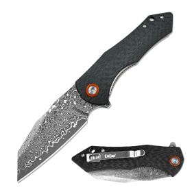 Day Zero Survival Premium Damascus Ball Bearing Pocket Knife – Multiple Blade Styles & Handle Options (Design: Carbon Fiber/Sheepsfoot)