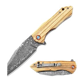 Day Zero Survival Premium Damascus Ball Bearing Pocket Knife – Multiple Blade Styles & Handle Options (Design: Wood/Sheepsfoot)